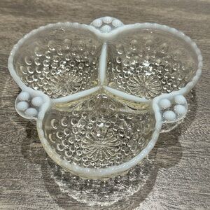 Vintage Anchor Hocking Moonstone Opalescent Hobnail 3 Section Dish 6.5” Fenton